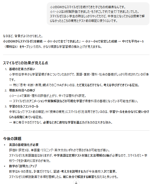 スマイルゼミの効果をChatGPTで分析した図解。基礎定着、習熟度向上、学習コントロール力、今後の課題についてまとめた内容