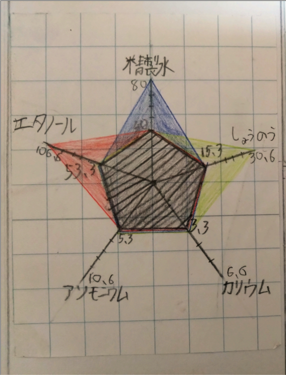 小学4年生の自由研究で描いた栄養素のレーダーチャート。氷糖水やしょ糖などの成分比較。