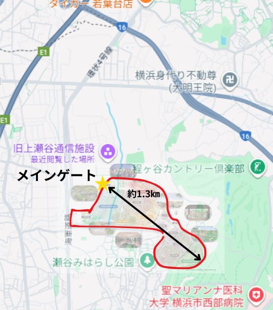 Google Map上で国際園芸博覧会の敷地の大きさを表したもの